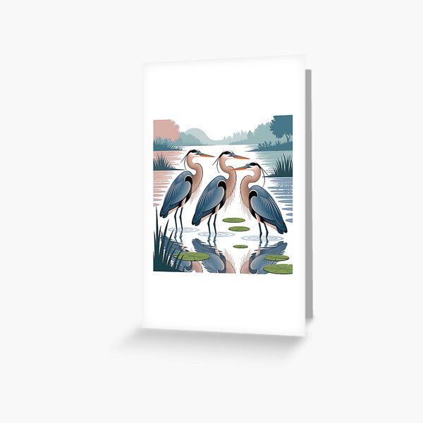 Three Great Blue Herons standing in a lake Greeting Card