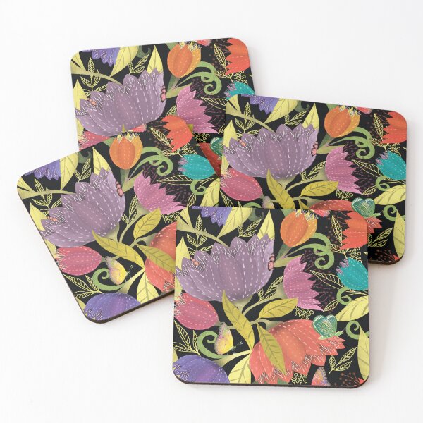 Item preview, Midnight Garden Bloom warm colours on black designed and sold by phatlizzardart.