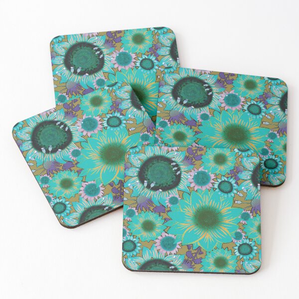 Item preview, Boho Sunflower Bliss bright turquoise, purple, pink on khaki designed and sold by phatlizzardart.