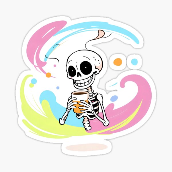 Item preview, Funny Skeleton Enjoying Coffee with Colorful Abstract Swirls - Quirky Illustration for Coffee Lovers designed and sold by Elzahra0.