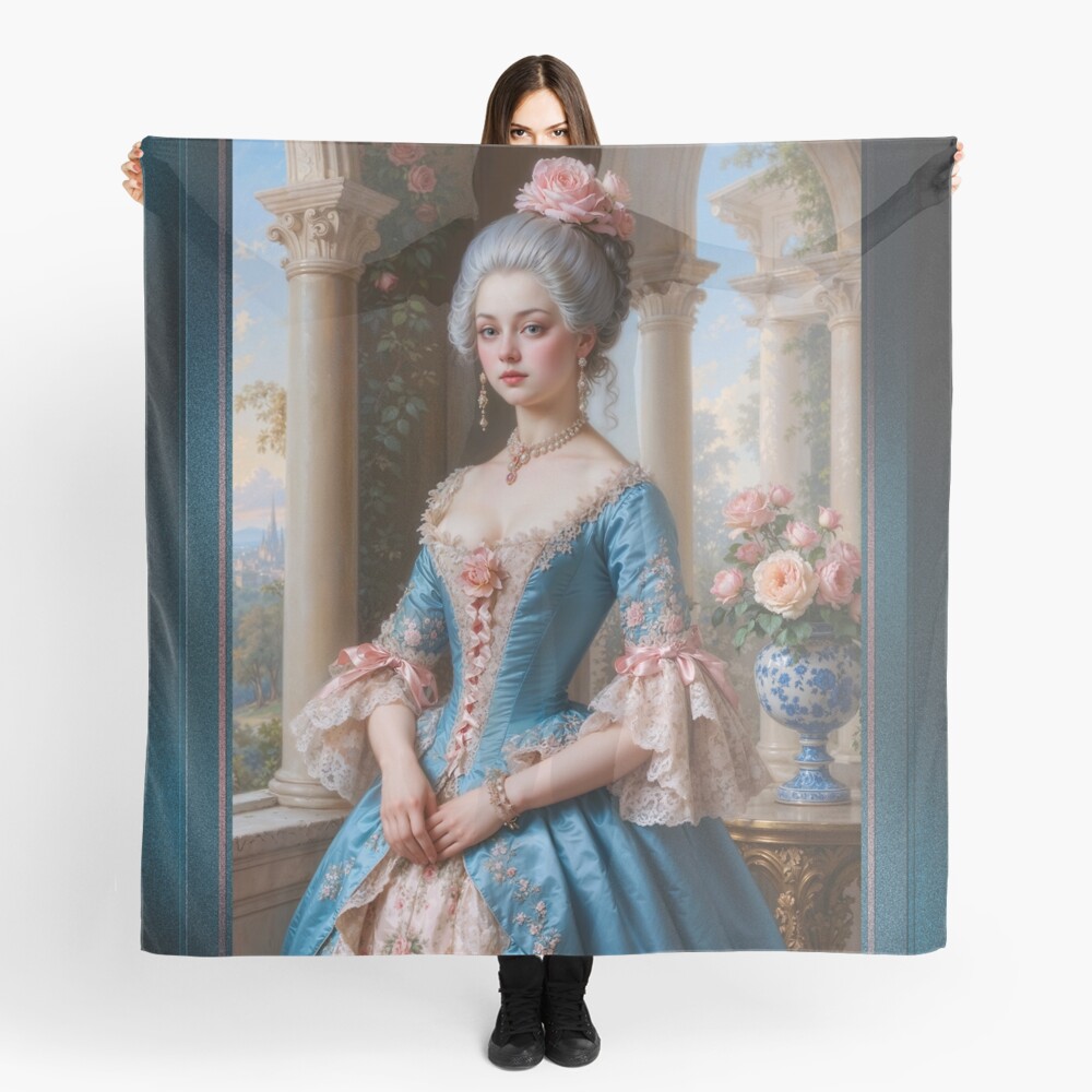 A Rococo-Inspired Portrait Of Adelina Montclair In A Floral Silk Gown Mesmerizing AI Concept Art by Xzendor7 Decorative Art Print Ladies Scarf