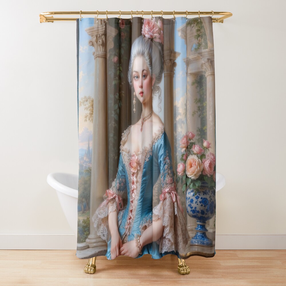 A Rococo-Inspired Portrait Of Adelina Montclair In A Floral Silk Gown Mesmerizing AI Concept Art by Xzendor7 Decorative Art Print Shower Curtain