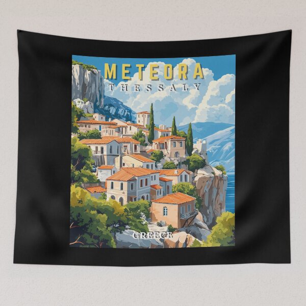 Item preview, Meteora in Thessaly, Greece Retro Art Travel Landscape designed and sold by MaateoDesign.