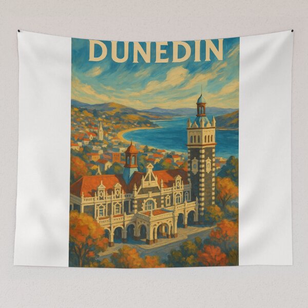 Item preview, Dunedin Station & Harbour – Painterly Otago Skyline designed and sold by Places On Earth.
