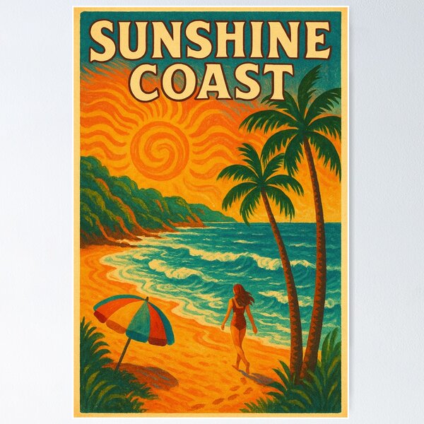 Item preview, Sunshine Coast Retro Beach – Queensland Travel Illustration designed and sold by placesonearth.