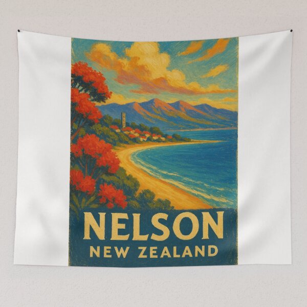 Item preview, Nelson Coastline Red Blossoms Tasman Bay New Zealand designed and sold by Places On Earth.