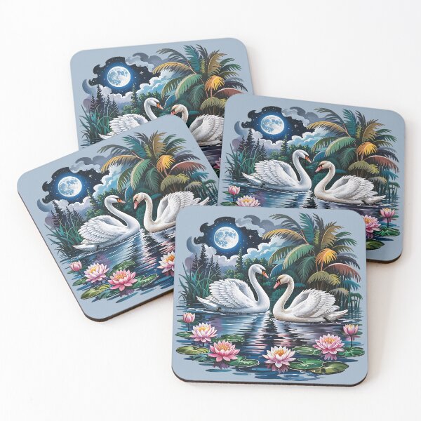 Item preview, Moonlit Swans in Tropical Lake with Lotus Blooms designed and sold by BirdsnStuff.