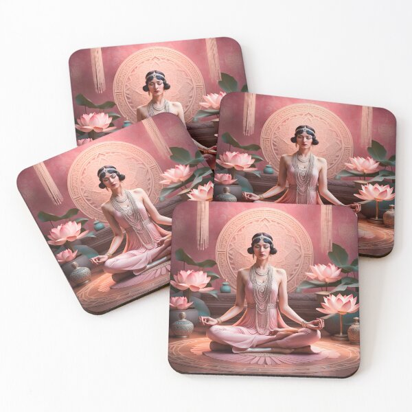 Item preview, Asana, padmasana, full lotus, yoga, peace, om, Woman is meditating in pink, with lotus flowers designed and sold by Coolparrotgirl.