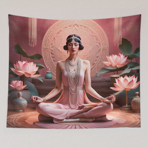 Item preview, Asana, padmasana, full lotus, yoga, peace, om, Woman is meditating in pink, with lotus flowers designed and sold by Coolparrotgirl.