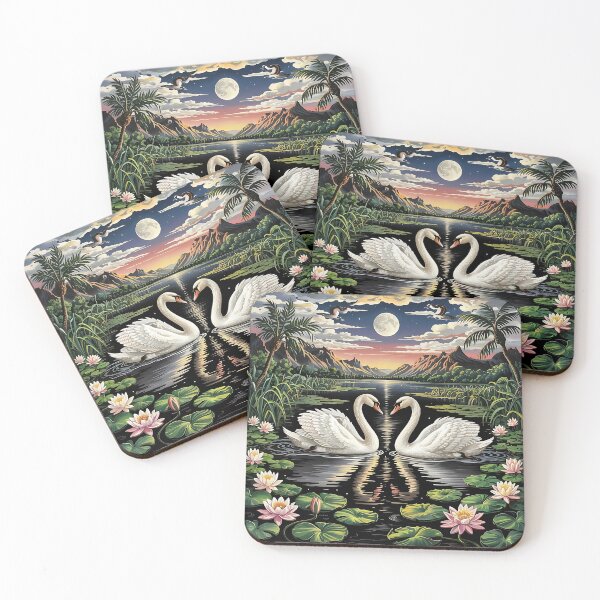 Item preview, Tropical Swans Under Full Moon with Lotus Blossoms designed and sold by BirdsnStuff.