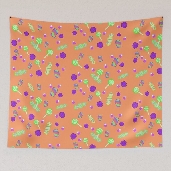 Item preview, Cute Halloween pastel-colored sweets, lollipops, marshmallows in purple and green, on an orange background designed and sold by katecheerycake.