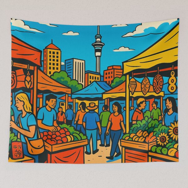 Item preview, Auckland City Market Comic Design – Vibrant AI Art for Clothing, Accessories & Travel-Inspired Fashion designed and sold by knalpot-design.