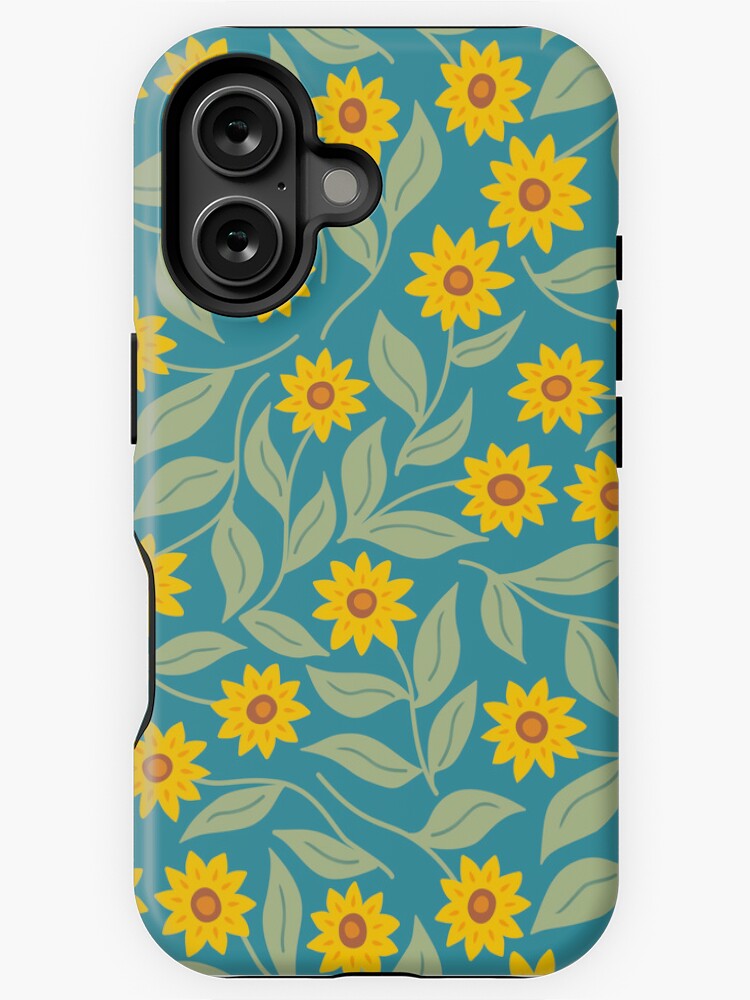 Thumbnail 1 of 4, iPhone Case, Sunflower scatter - yellow and turquoise floral pattern by Cecca Designs designed and sold by Cecca-Designs.