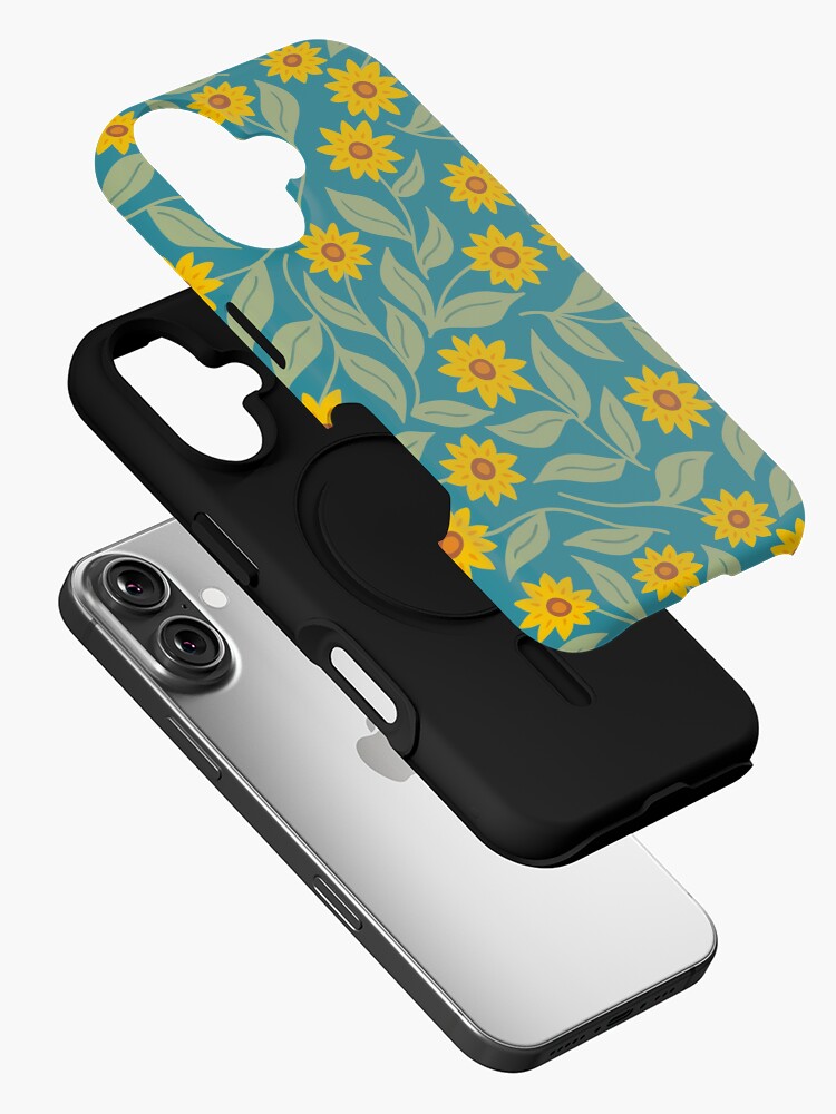 Thumbnail 2 of 4, iPhone Case, Sunflower scatter - yellow and turquoise floral pattern by Cecca Designs designed and sold by Cecca-Designs.