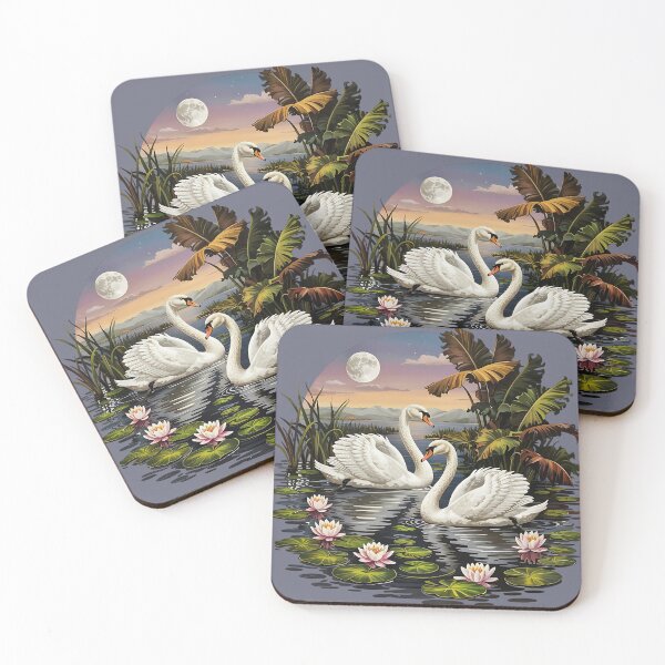 Item preview, Swans at Sunset in Tropical Lotus Pond with Full Moon designed and sold by BirdsnStuff.