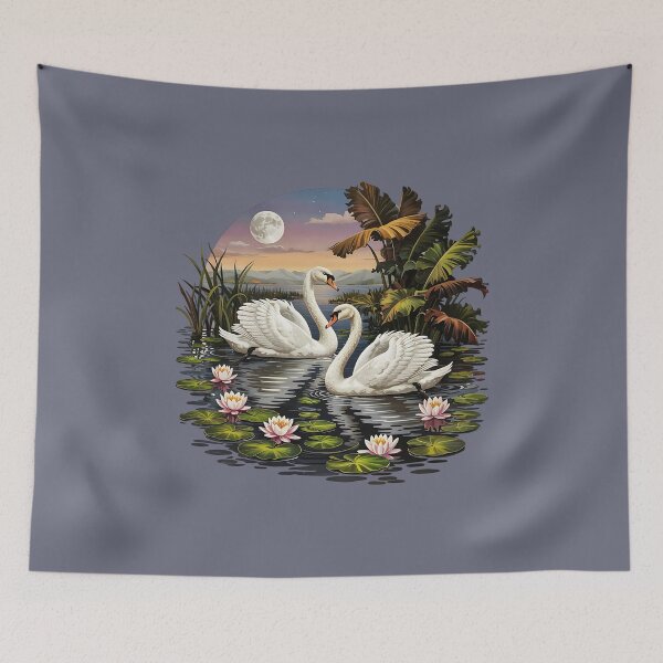 Item preview, Swans at Sunset in Tropical Lotus Pond with Full Moon designed and sold by BirdsnStuff.