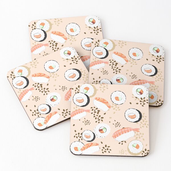 Item preview, Cute sushi pattern, in different variations, with sesame, salmon, cucumber, in the colors brown, black, red, orange and green designed and sold by katecheerycake.