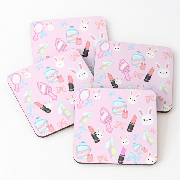 Item preview, Cute pastel pattern with bunny, lipstick, mirror, bow, nail polish, perfume and brush on pink background designed and sold by katecheerycake.