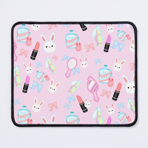 Item preview, Cute pastel pattern with bunny, lipstick, mirror, bow, nail polish, perfume and brush on pink background designed and sold by katecheerycake.