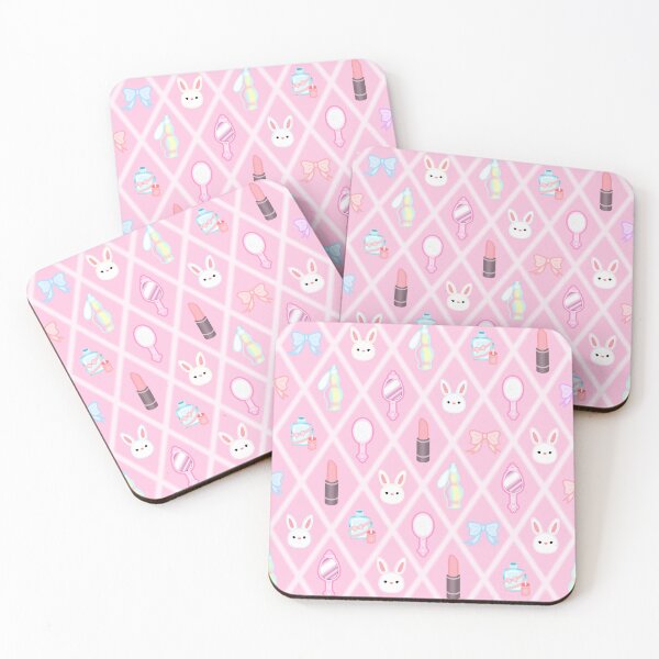 Item preview, Cute pastel pattern with bunny, lipstick, mirror, bow, nail polish, perfume and brush on pink background designed and sold by katecheerycake.