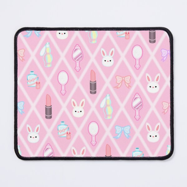 Item preview, Cute pastel pattern with bunny, lipstick, mirror, bow, nail polish, perfume and brush on pink background designed and sold by katecheerycake.