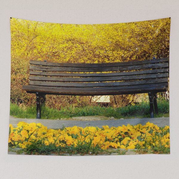 Item preview, Spring Whispers – Empty Bench in a Yellow Blooming Paradise designed and sold by branaghbel.