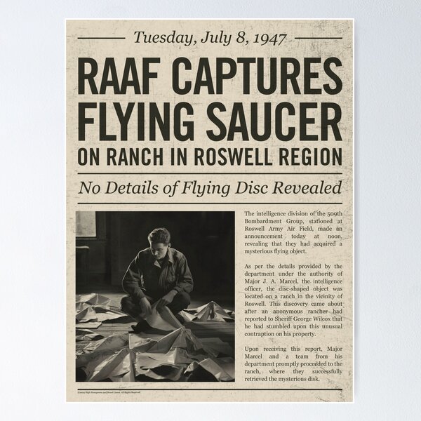 Aperçu de l'œuvre OVNI - La RAAF capture une soucoupe volante - Titre de journal - Lumière créée et vendue par High Strangeness.