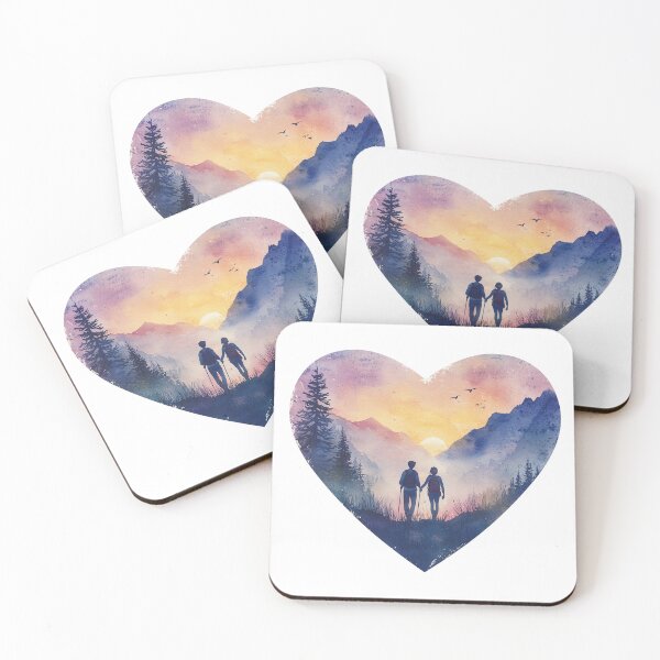 Item preview, Heart-Shaped Hiking Couple Sunset – Romantic Mountain Watercolor Art designed and sold by PandaKunst.