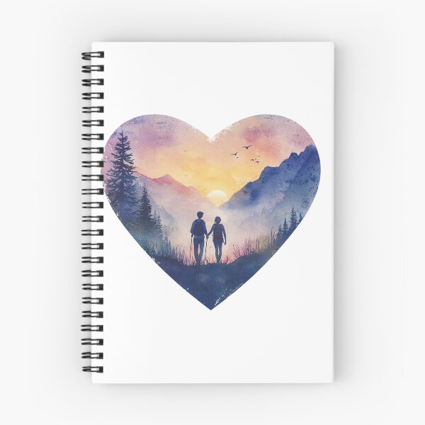 Item preview, Heart-Shaped Hiking Couple Sunset – Romantic Mountain Watercolor Art designed and sold by PandaKunst.
