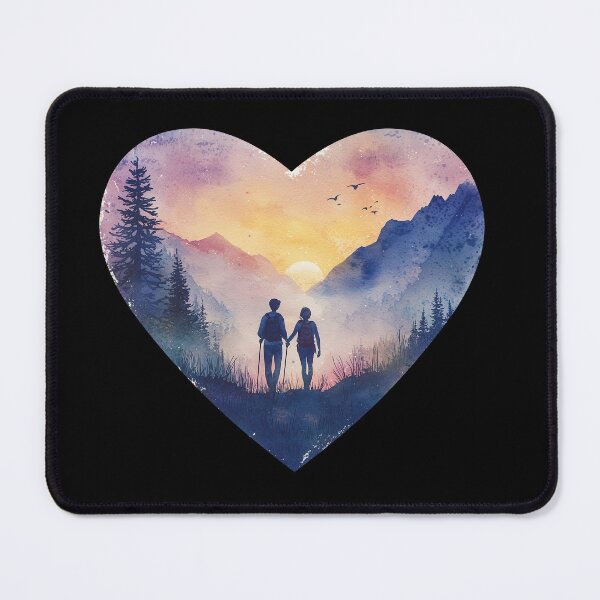 Item preview, Heart-Shaped Hiking Couple Sunset – Romantic Mountain Watercolor Art designed and sold by PandaKunst.