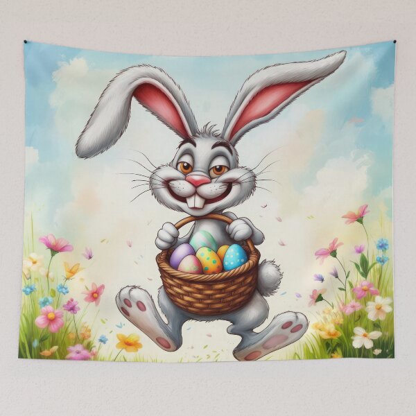 Item preview, funny Easter bunny jumps with a basket in a meadow in spring, funny easter,Happy Easter,Easter Day,easter illustration,Easter designed and sold by Expressions-Sel.