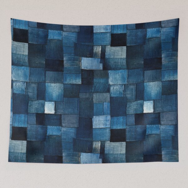 Aperçu de l'œuvre Indigo Patchwork Denim Texture – Abstract Blue Fabric Art créée et vendue par SylvieVibes.