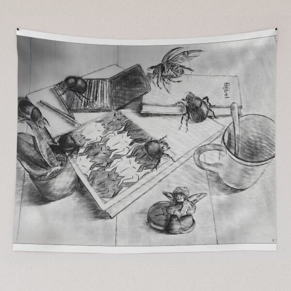 Item preview, Beetles Escaping from Tessellation – Escher-Inspired Insect Art in Black and White designed and sold by Richards little art shop.