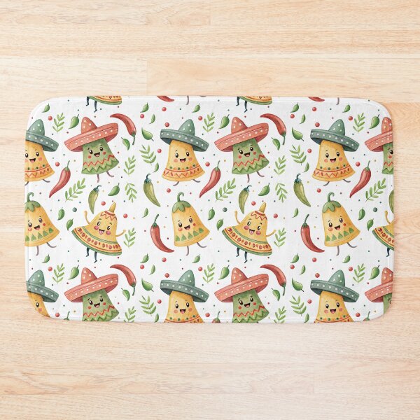 Item preview, a seamless watercolor pattern of bells with faces, colorful confetti and dancing jalapenos wearing mini sombreros in bright, festive colors. bells	 designed and sold by CreativebyTKK.