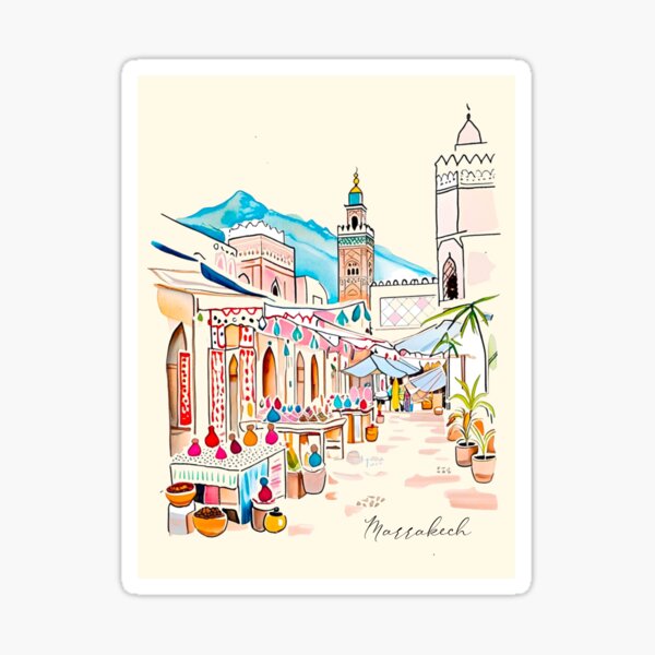 Vista previa del artículo con la obra «Mercado de Marrakech: acuarela, arte de viaje», diseñado y vendido por Violetta Leone .