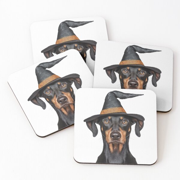 Item preview, Doberman Pinscher Dog Wearing Halloween Witch Hat designed and sold by LazyOwlStore.