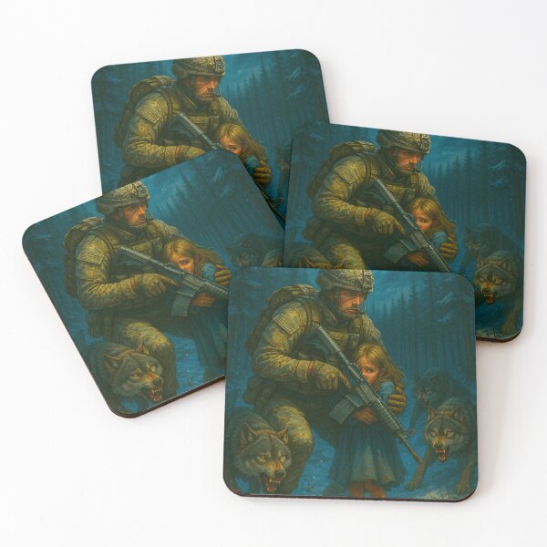 Item preview, Guardian of the Wild – Soldier Protecting Young Girl from Wolves designed and sold by GrizzlyCollective.