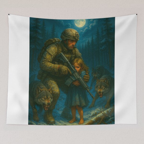 Item preview, Guardian of the Wild – Soldier Protecting Young Girl from Wolves designed and sold by GrizzlyCollective.