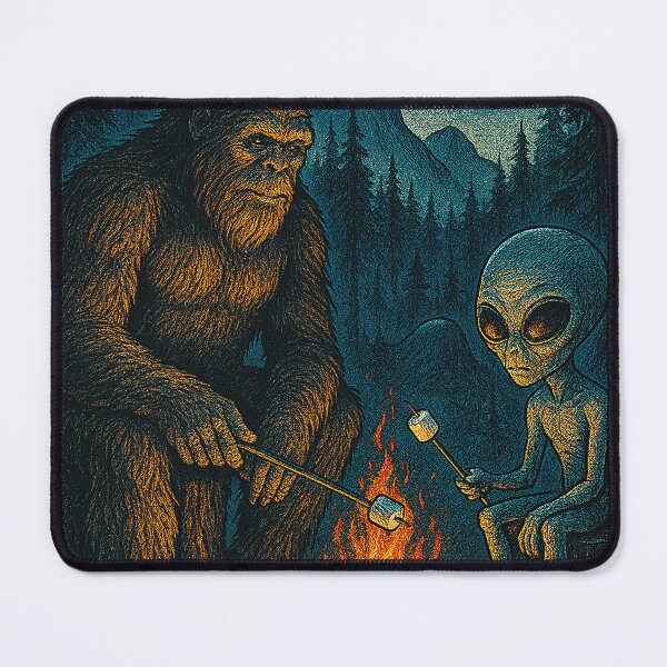 Item preview, Bigfoot and Alien Roasting Marshmallows – Funny Cryptid Camping designed and sold by NatIntrovertSoc.