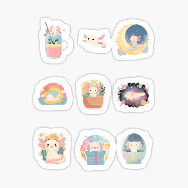 Vista previa del artículo con la obra «Set de pegatinas Kawaii Axolotl - 9 personajes mágicos y caprichosos para cualquier ocasión», diseñado y vendido por Kawaii Drops .