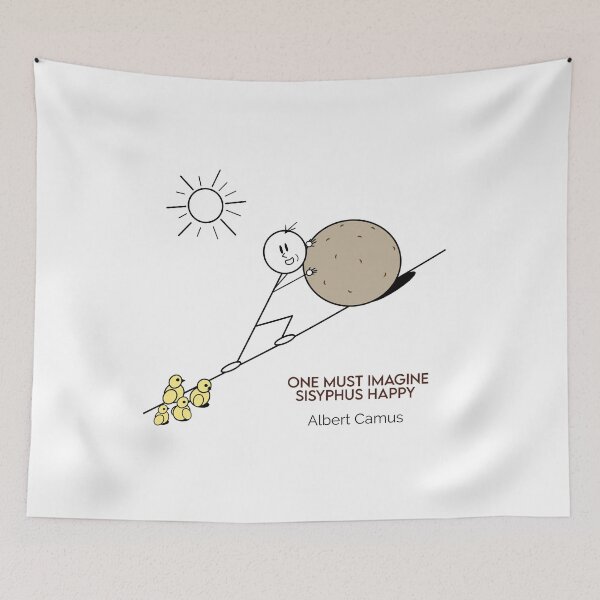 Item preview, One Must Imagine Sisyphus Happy Herding Baby Chicks - Philosophy Cartoons designed and sold by JoyfulSisyphus.