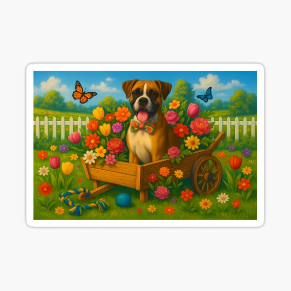 Artikel-Vorschau von Boxerhund in einer Schubkarre voller Blumen, designt und verkauft von Pawprint Puzzle Studio.