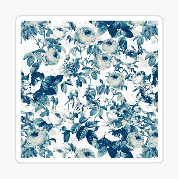 Dutch Blue Roses Botanical Garden Vintage Pattern on White Sticker