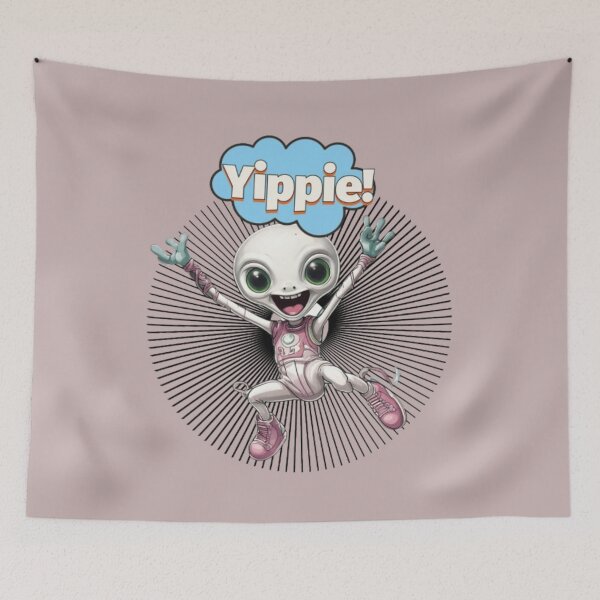 Item preview, Cheerful Alien, leaping into tunnel, shouting Yippie, wearing sneakers designed and sold by MoodCircuit.