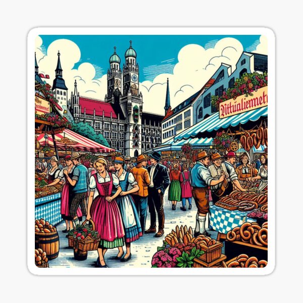Vista previa del artículo con la obra «Diseño de cómic del mercado de Múnich: vibrantes ilustraciones de IA para ropa, accesorios y moda inspirada en viajes urbanos alemanes.», diseñado y vendido por knalpot-design.