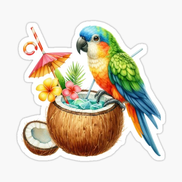 Item preview, Cute  Cartoon parrot drinking cocktail from coconut designed and sold by Coolparrotgirl.