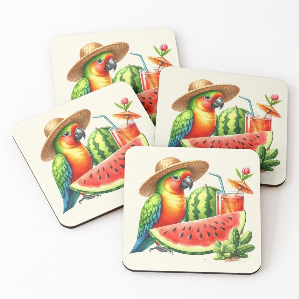 Item preview, Cute cockatoo Cartoon parrot with watermelon, parrot in hat, cocktail, cactus, summer designed and sold by Coolparrotgirl.