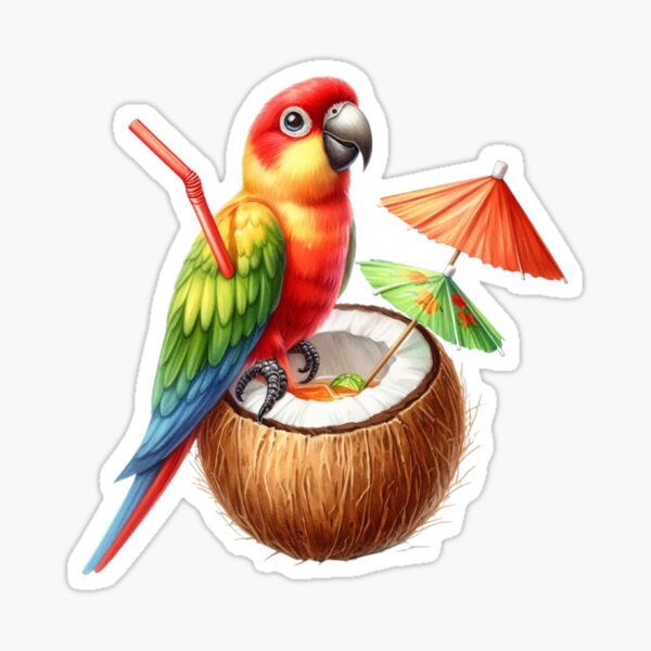 Item preview, Cute  Cartoon parrot drinking cocktail from coconut designed and sold by Coolparrotgirl.
