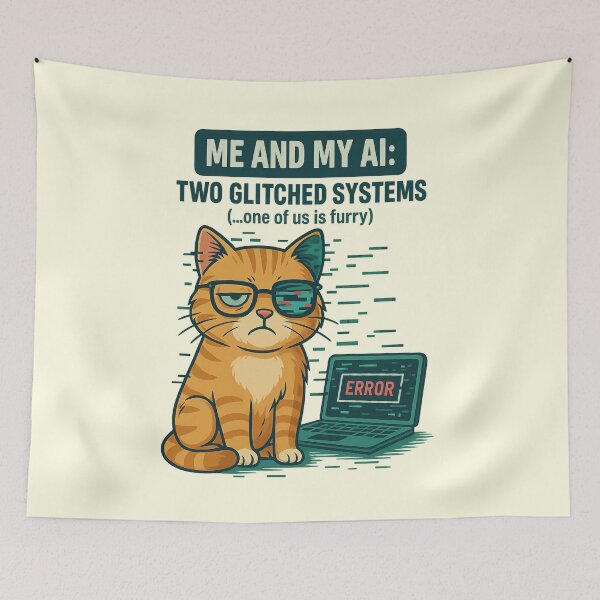 Item preview, Glitched Cat and AI Cyber with Error Laptop designed and sold by memememescat.