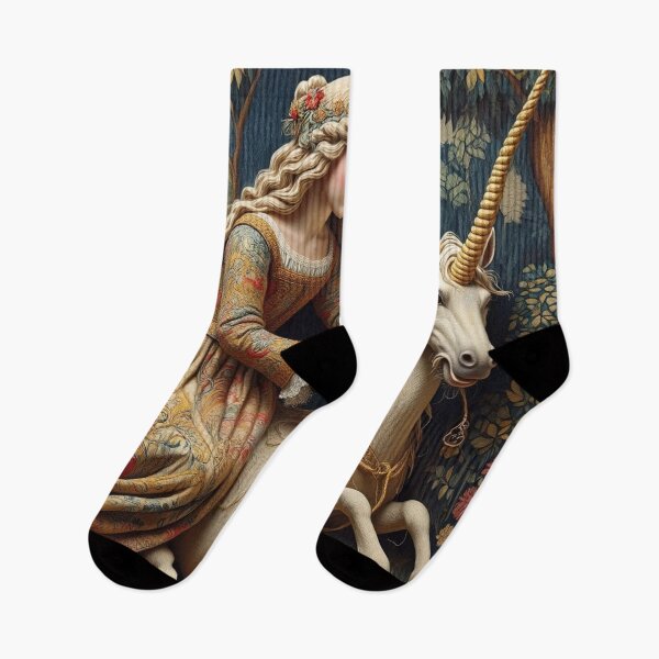 Item preview, A Maiden Tending to a Unicorn Medieval Tapestry inspired illustration art designed and sold by Vintage Designs +.
